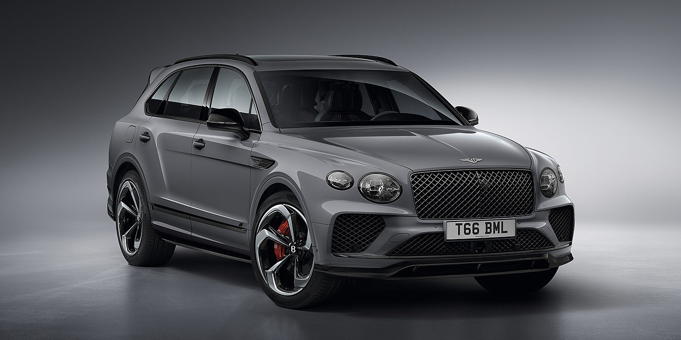 Bentley Beijing-Yizhuang Bentley Bentayga S in Cambrian Grey paint front three - quarter view with dark chrome matrix grille and featuring elliptical LED matrix headlights. 